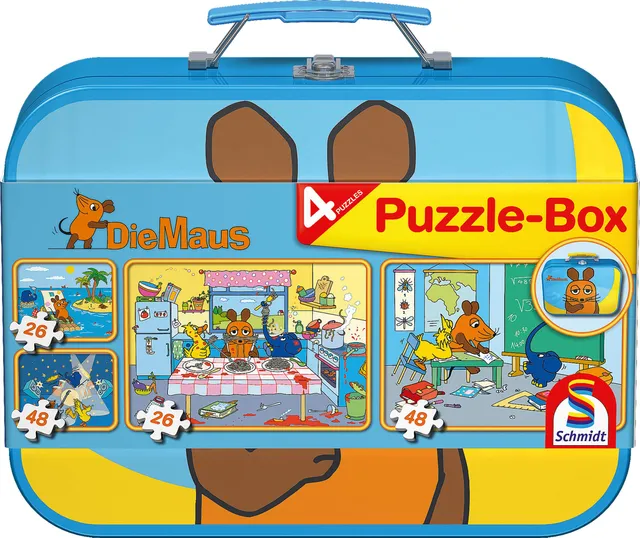 schmidt-spiele-55597-die-maus-kinderpuzzle-metallkoffer-4er-set image 1