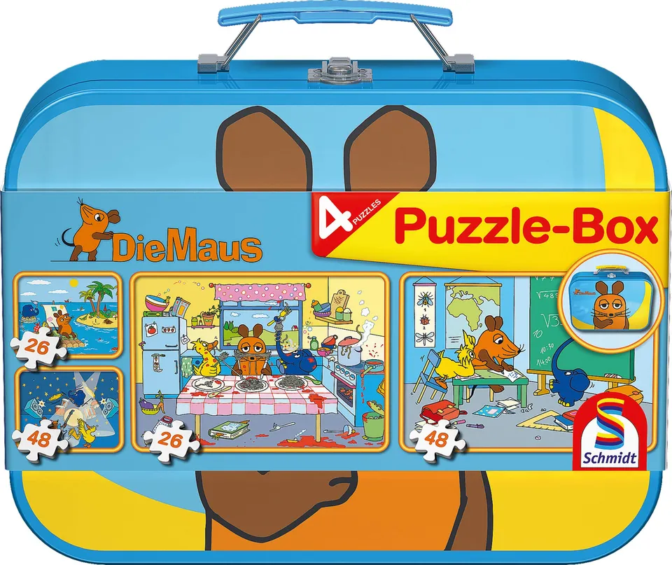 schmidt-spiele-55597-die-maus-kinderpuzzle-metallkoffer-4er-set image 1
