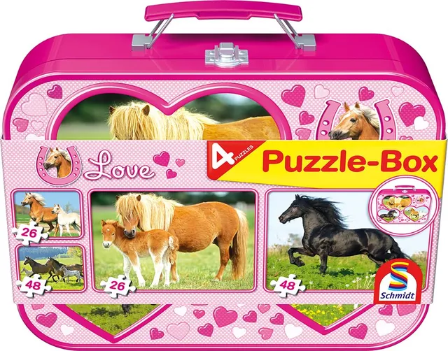 schmidt-spiele-thomas-kinkade-pferde-kinderpuzzle-4er-metallkoffer-tierwelt image 1