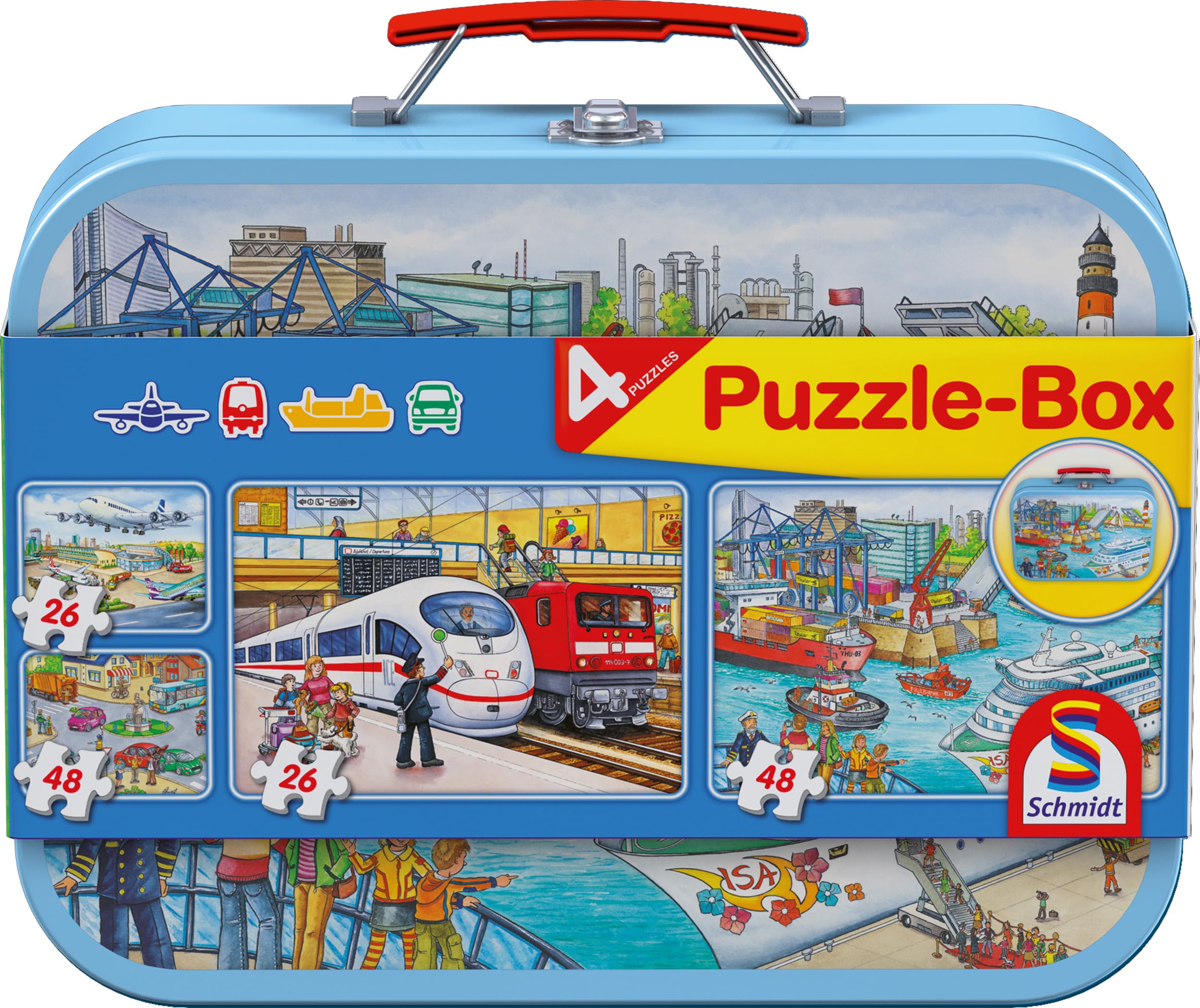 schmidt-spiele-verkehrsmittel-kinderpuzzle-metallkoffer-4er-set image 1