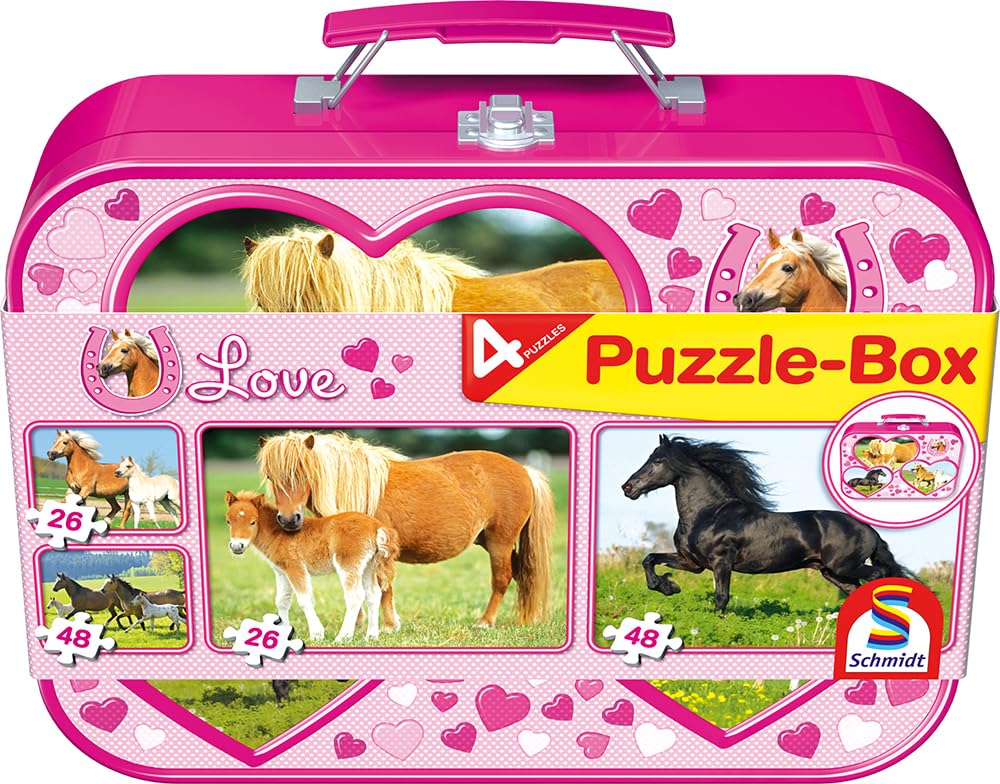 schmidt-spiele-thomas-kinkade-pferde-kinderpuzzle-4er-metallkoffer-tierwelt image 1
