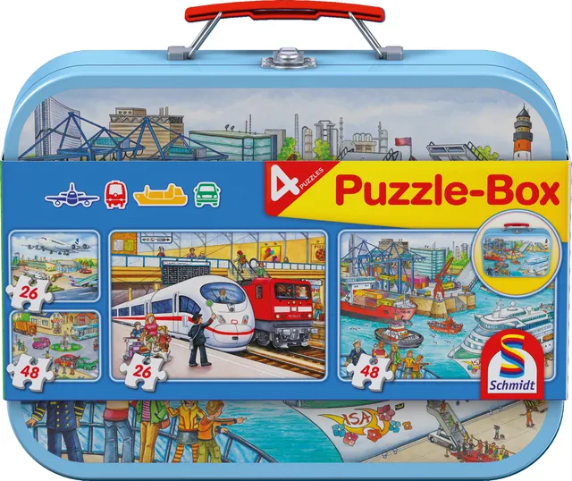 Schmidt Spiele Verkehrsmittel Kinderpuzzle Metallkoffer 4er Set