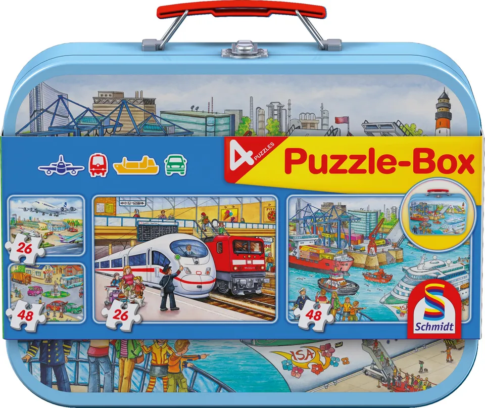 schmidt-spiele-verkehrsmittel-kinderpuzzle-metallkoffer-4er-set image 1