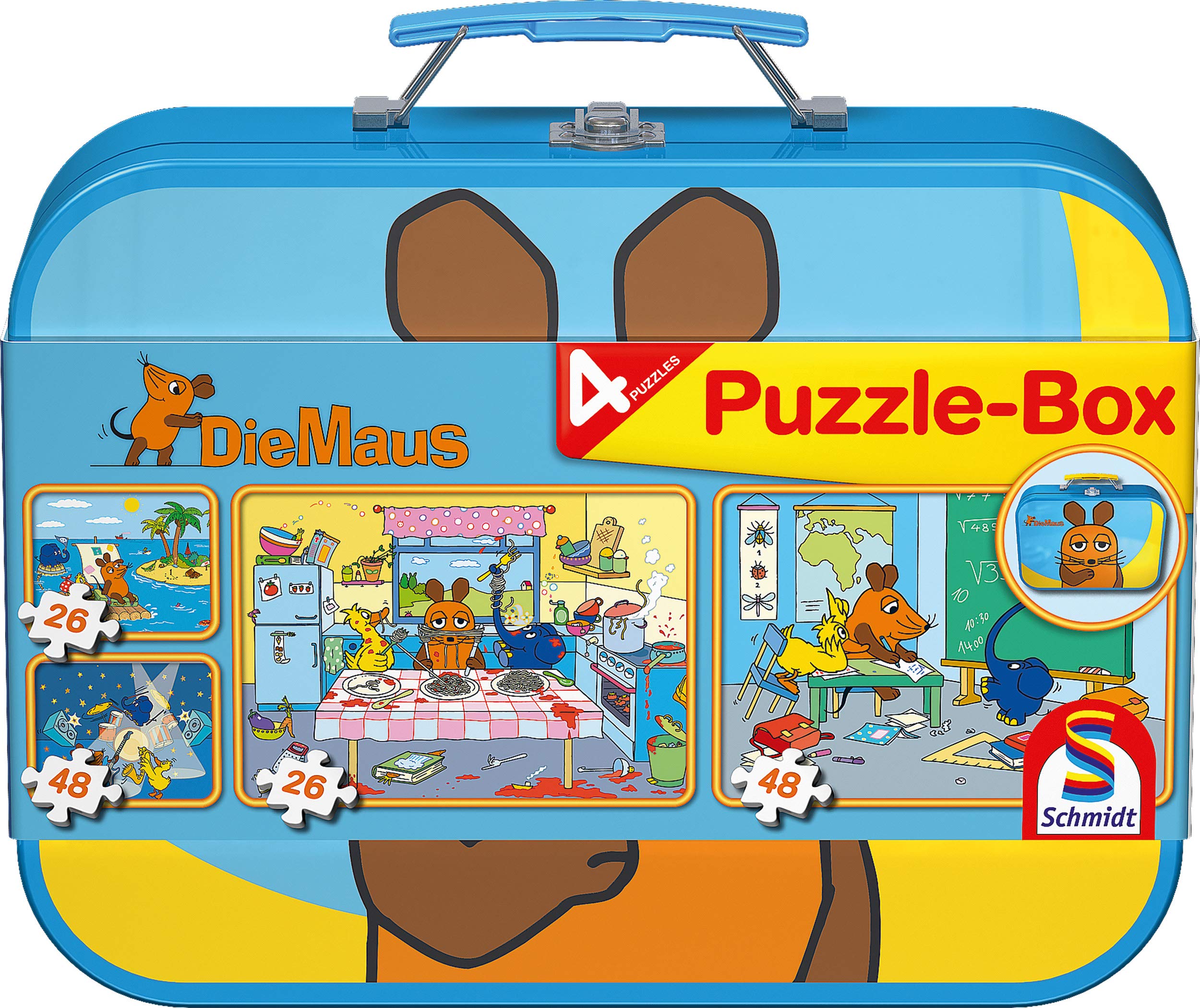 schmidt-spiele-55597-die-maus-kinderpuzzle-metallkoffer-4er-set image 1